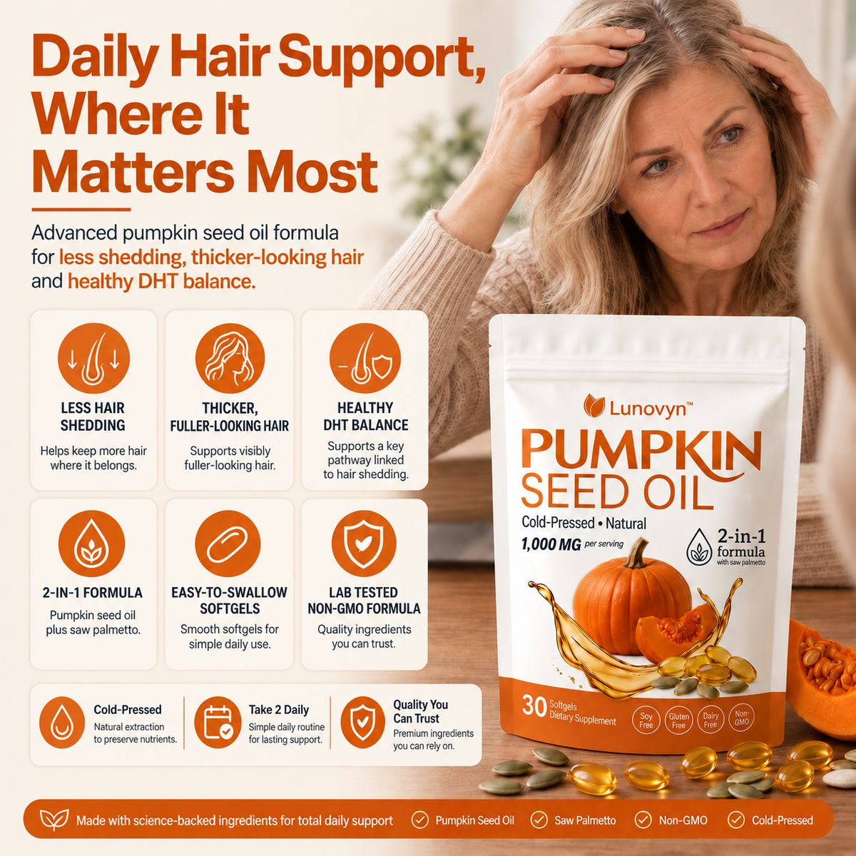 Lunovyn™ Pumpkin Seed Oil - 1000mg Odorless Softgels - Hair Support