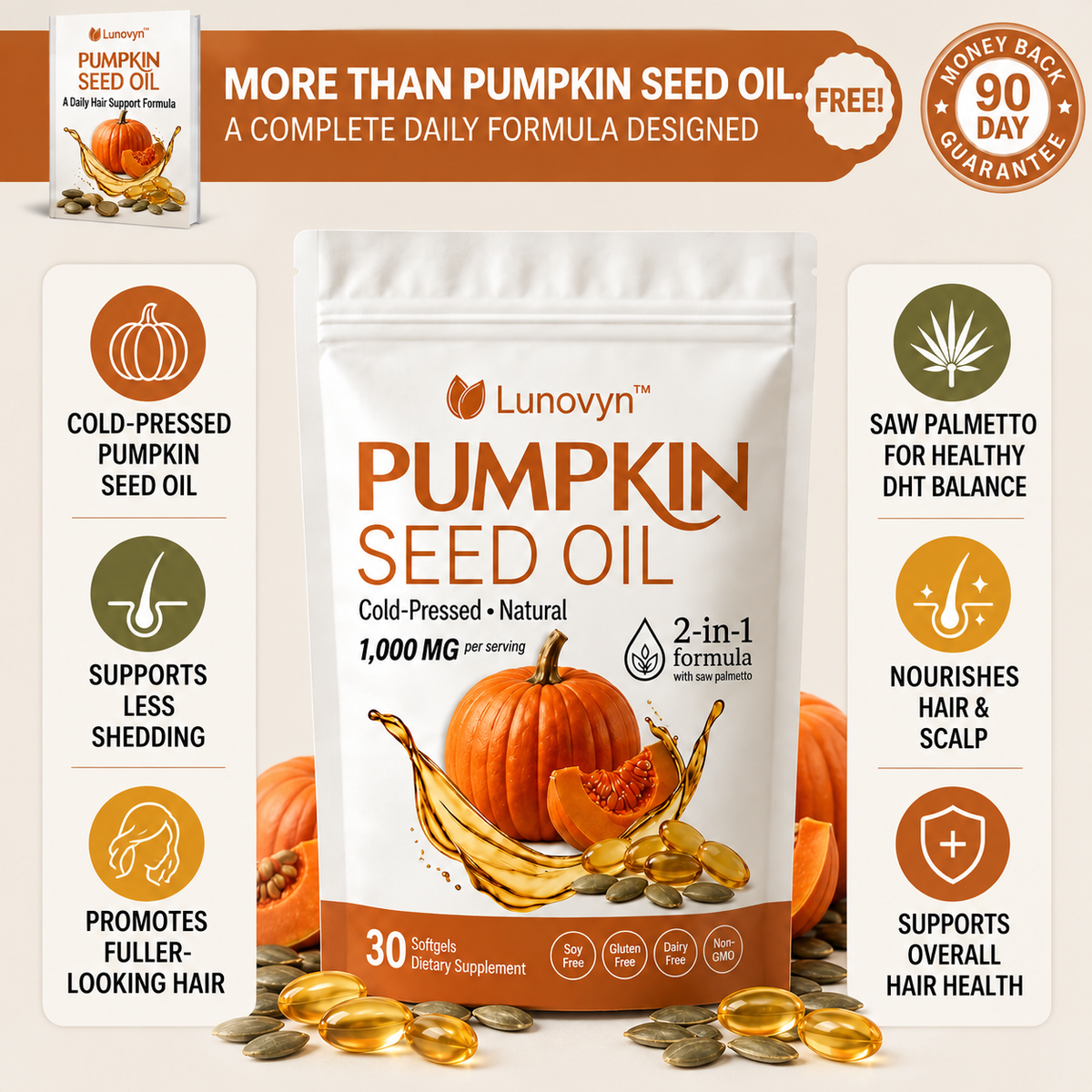 Lunovyn™ Pumpkin Seed Oil - 1000mg Odorless Softgels - Hair Support