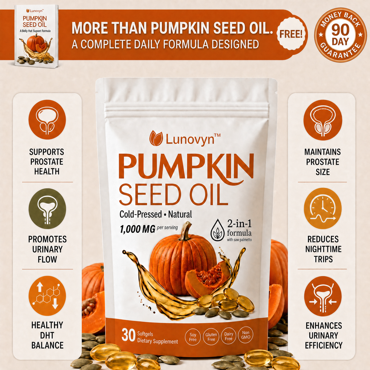 Lunovyn™ Pumpkin Seed Oil - 1000mg Odorless Softgels - Prostate Support