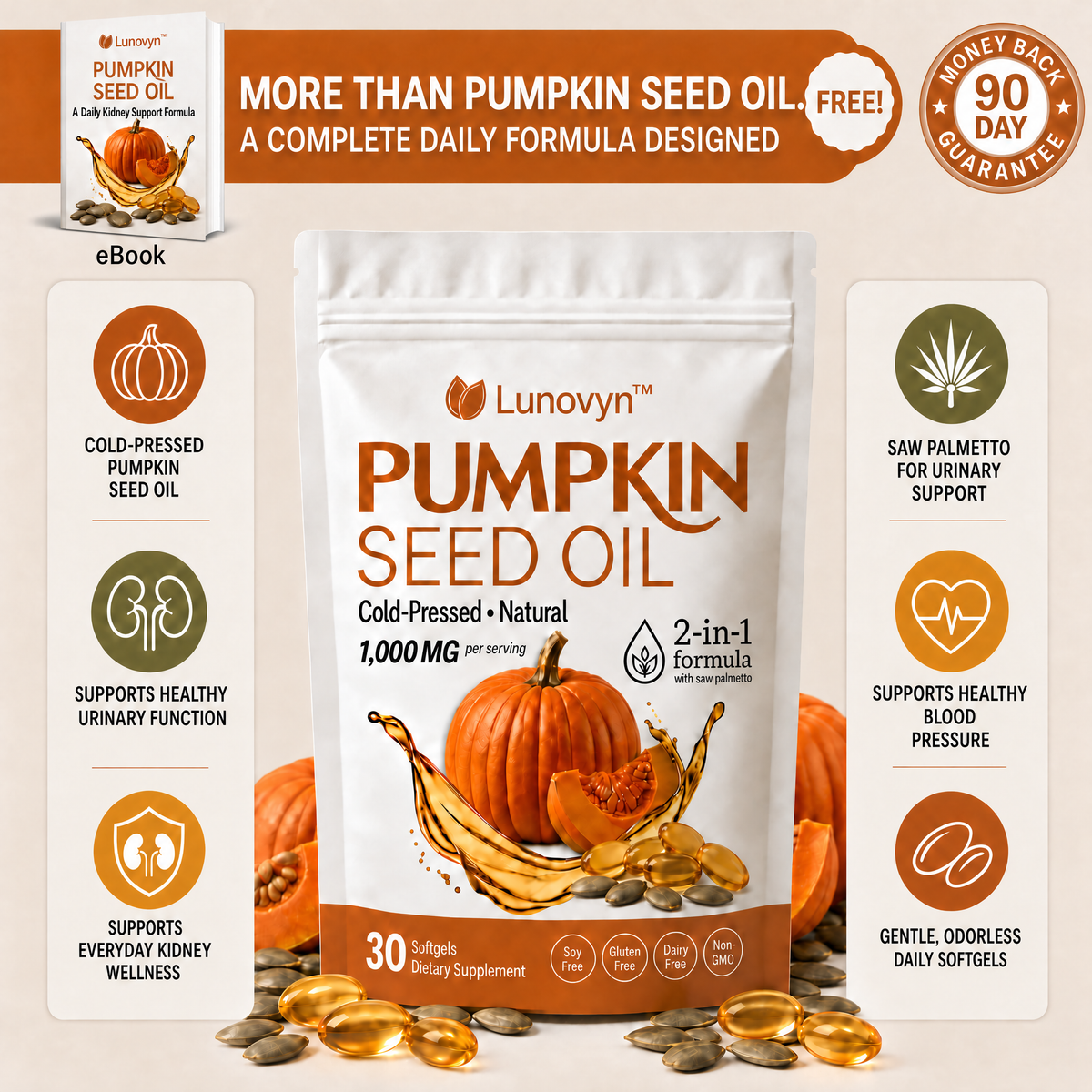 Lunovyn™ Pumpkin Seed Oil - 1000mg Odorless Softgels - Kidney Support